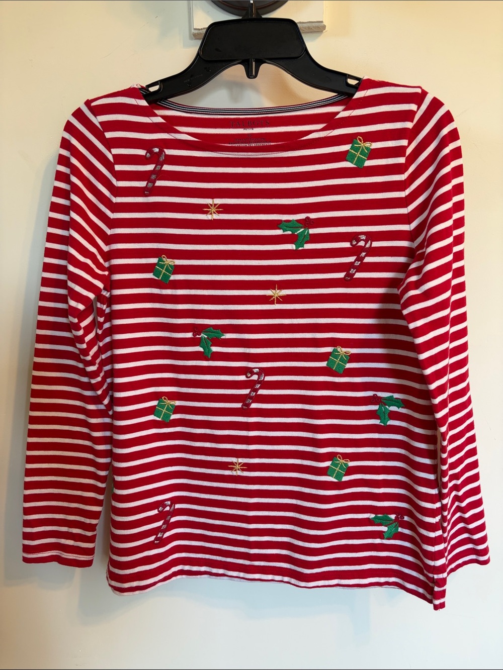 Talbots Petite Christmas Striped Embroidered Holiday Tee Top Red White SP
